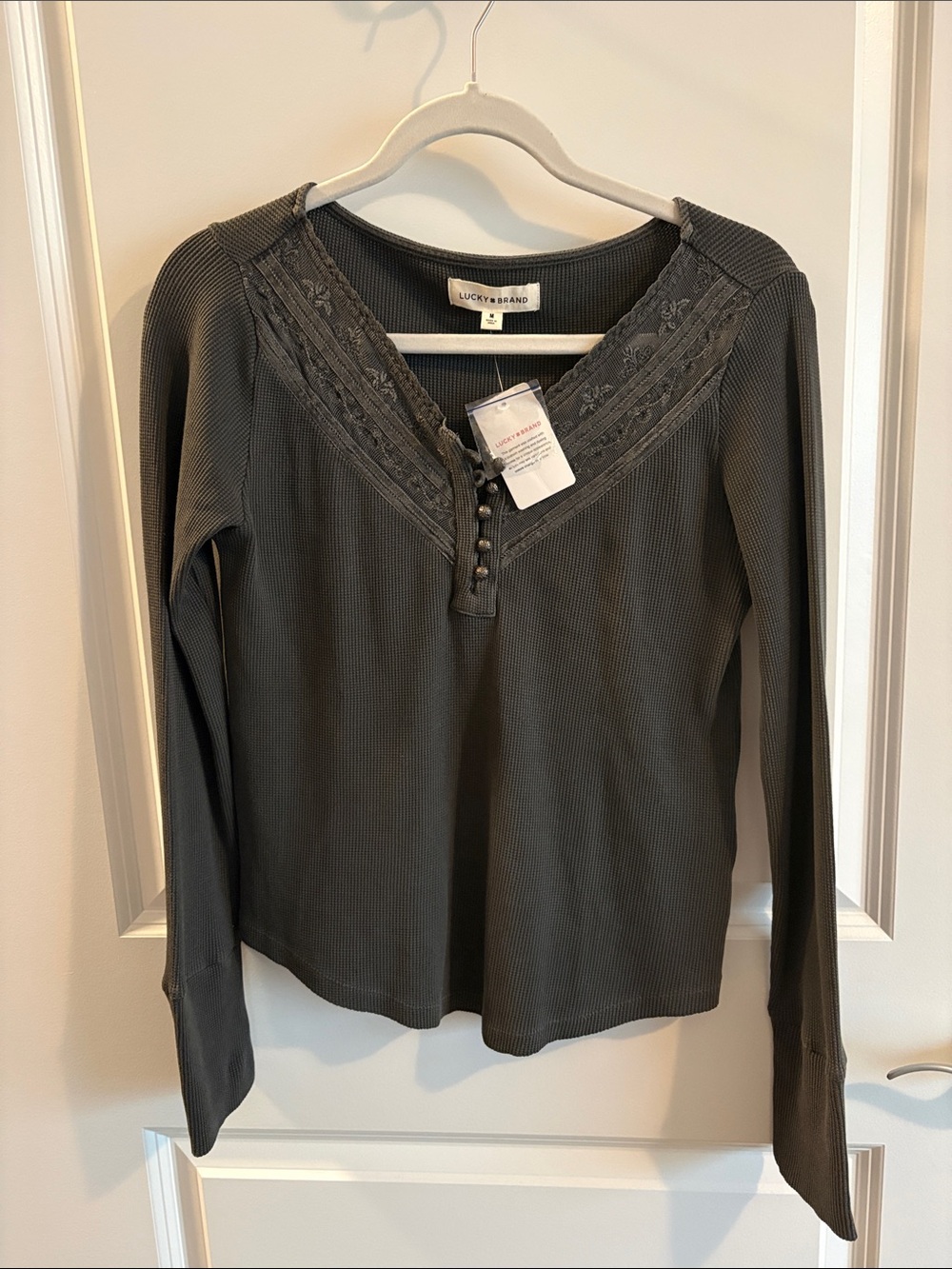 NWT Lucky Brand Gray Lace-Trim Henley Long Sleeve Top